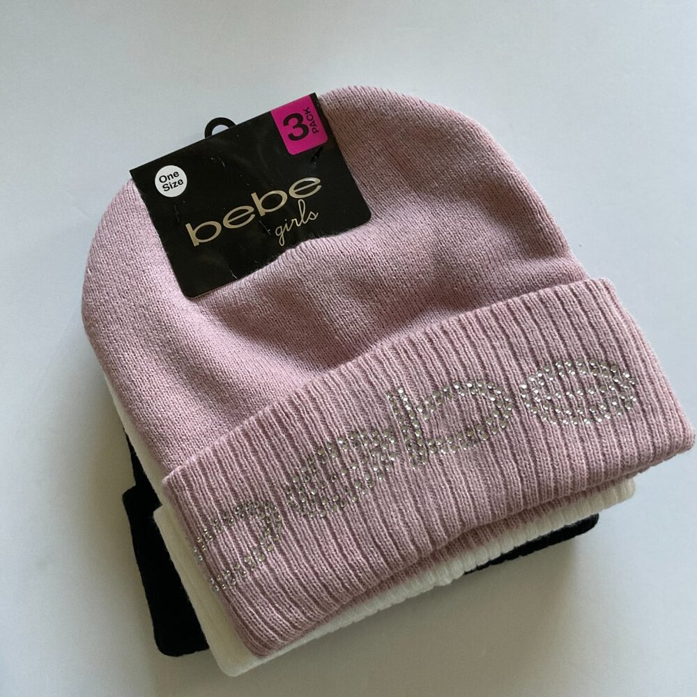 BEBE Girl's Pack of 3 Rhinestone Beanie Hats NWT Size OSFM